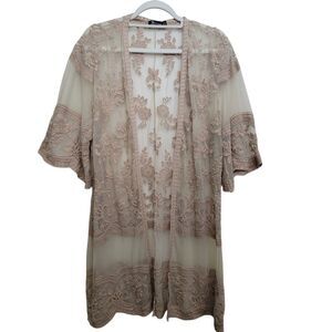 Miss Chievous Brown Skin Tone Mesh Embroidered Open Front Cardigan L/XL